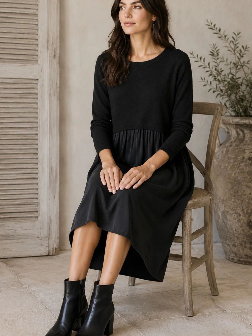 Sundance Jillian Black Wool Linen Silk Mixed Media Sweater Dress Size Small Boho